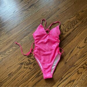 Vibrant Pink and White One Piece Swimsuit with Ribbed Texture